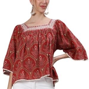 Rachel Zoe Boho Embroidered Neckline Peasant Blouse Cotton oversized